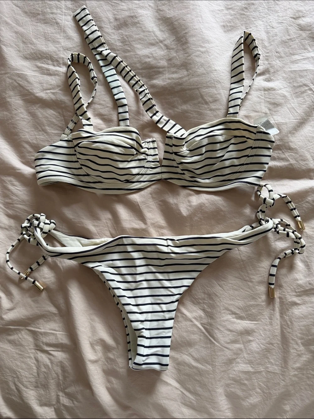 Striped White and Black Tie-Side Bikini